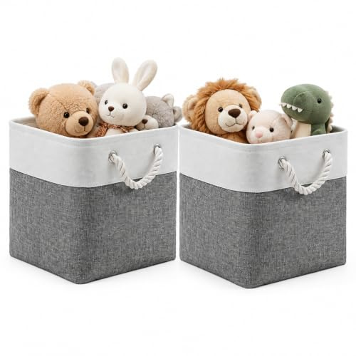 2 Stück Faltbarer Aufbewahrungsbox Stoff mit griffen, 28x28x28cm, Grau | Staubdichter LagerKiste für Kleidung, Spielzeug, Bücher, SchrankOrganizer, 28x28x28cm.