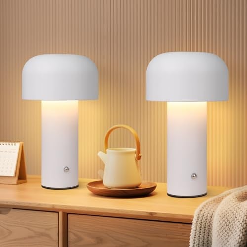 ZMH 2ER Tischlampe Kabellos Akku Tischleuchte - LED Nachttischlampe | Aufladbar 2W Pilzlampe Dimmbar Wohnzimmer Nachtlampe USB Klein Nachtleuchte Modern Weiß Schreibtisch Nachttisch Schlafzimmer