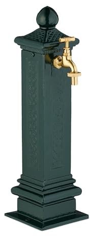 Relaxdays Column Fountain, Garden Water Featue, with Tap, HWD: 47x14x18.5 cm, Standing Patio Ornament, Faucet, Green, Steel, Aluminium