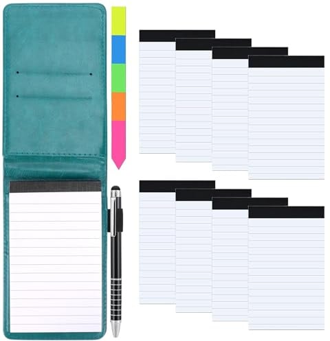 Meetory Mini Notizblock A7 Set 11 Stück, Mini Notizbuch mit 8 Ersatzblöcke, PU Leder Schwarzer Einband mit Mini Kugelschreiber, Taschennotizblock für Aktivitäten im Freien