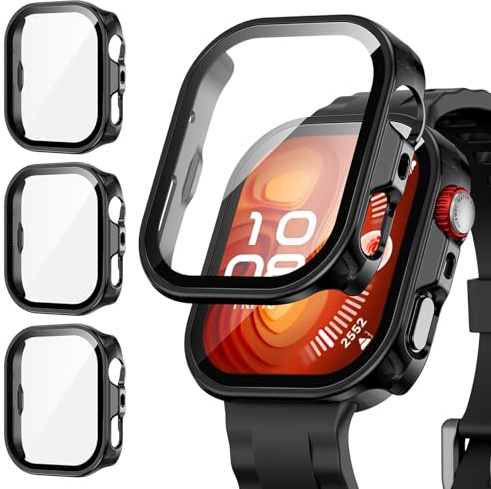 [3Stück] Kamita Schutzhülle Kompatibel mit Huawei Watch Fit 4 Pro, Stoßfest Hart PC Bumper Case mit Displayschutz aus Gehärtetem Glas, Voller Körper Schutz Gehäuse für Huawei Fit4 Pro (Schwarz*3)