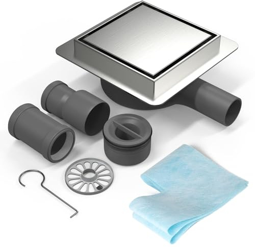 EFUTURETIME Duschrinne 15 × 15cm Quadrat Befliesbar Edelstahl mit Siphon | Duschablauf-Komplettset mit 360°, Geruchsstop und Haarsieb, Bodenablauf Flach, DN40/DN50-Anschlussrohr, für Begehbare Dusche