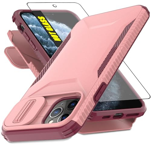 AWZHYDT for iPhone 11 Pro Max Case,with Built-in Slide Camera Cover & Screen Protector, [2 in 1] Heavy Duty Rugged Shockproof Protective Cover for iPhone 11 Pro Max 6.5(Pink/Wine red)