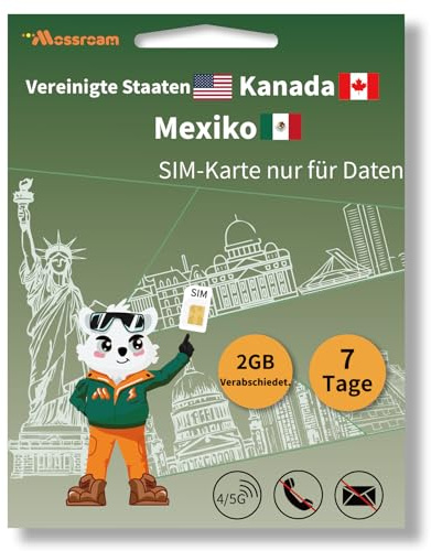 Nordamerika-Daten-SIM-Karte für Reisen – USA, Kanada und Mexiko, 2 GB 4/5G, tägliches LTE-Hochgeschwindigkeitsdatenvolumen für 7 Tage