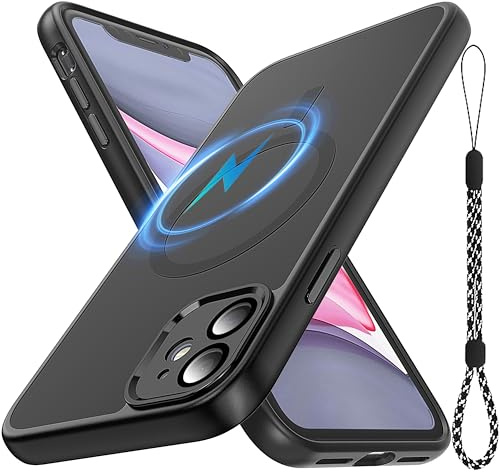 YmhxcY for iPhone 11 Case with Lanyard Strap Included,[Full Camera Protection] [Compatible with MagSafe] Translucent Matte Shockproof Protective Phone Cover for iPhone 11 6.1-Black