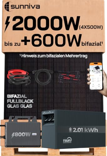 SUNNIVA® 2000W Balkonkraftwerk mit 2,01 kWh Speicher TSUN SOLARCAN TSOL-DCU2000Lite, BIFAZIAL FULLBLACK komplett Steckdose, PV Solaranlage Komplettset mit Solarspeicher, 4x 500W Glas Bifacial