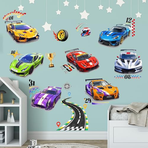 Wandtattoo Autos Junge, 3D Auto Wandtattoo Rennwagen, Wand-tattoo 3D Autos, Wand-tattoo 3D Rennwagen, Wandaufkleber Rennauto, für Kinderzimmer Jungen, Jugendzimmer Wohnzimmer Schlafzimmer