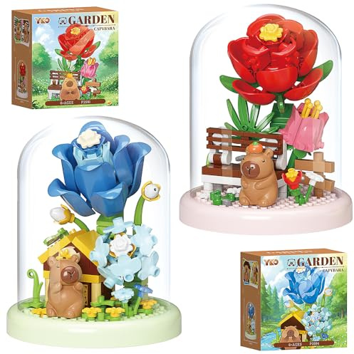 SKIKHN Blumen Bausteine Set,2 Stück Capybara Bauspielzeug DIY mit Schutzhülle,Blumenstrauß Bausteinset,Mini Klemmbausteine Blumen,Capybara Klemmbausteine,Geschenke für Erwachsene Rosen,Tulpen