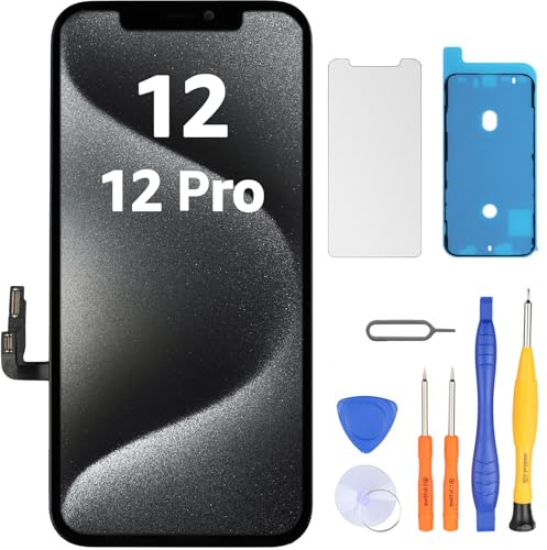 LL TRADER Display für iPhone 12/12 Pro 6.1 LCD Ersatzbildschirm und Kits | Retina FHD 3D Touch Digitizer Rahmenmontage mit Wasserfestem Klebeband und Displayschutzfolie (True Tone Programmierbar)