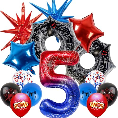 Ballon Spider Geburtstagsdeko Set 15 Stück für Kinder, Spider Ballons mit Folienballons und Latexballons, Spider Geburtstagsdeko für Kinderparty und Motto Party (5 years old)