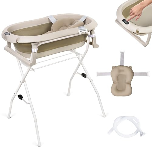 moovkee. Baignoire pour bébé, avec support, 80 cm, beige, pliable, thermomètre, coussin de bain et système de drainage, avec support, sûre pour votre nouveau-né