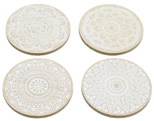 Carousel Home and Gifts Set of 4 Geometric Mandala Flower Style Boho Wooden Drinks Coasters