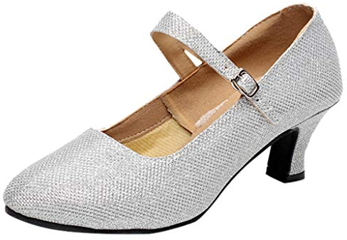 Damen Tanzschuhe Glitzer Knöchelriemen Mittelhohe Weicher Boden für Party Hochzeit, Standard Latein Tango Salsa Schuhe Klassische Pumps Elegante Brautschuhe Celucke (Silber, EU40)