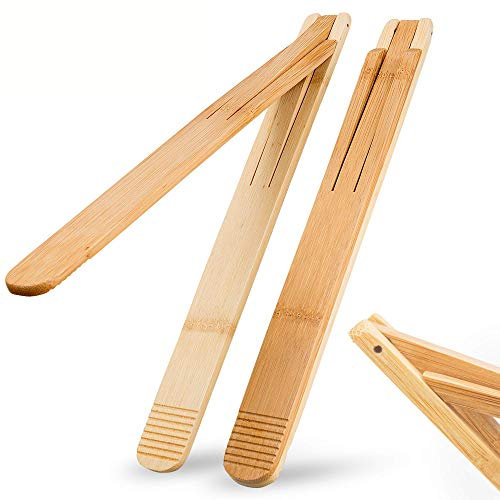 Bamboo Wood Salad Tongs with Space Saving Collapsible Spring, 11 Cooking Tong Enhanced Grip for Kitchen, BBQ Cooking, Camping or Grill, Foldable Carry or Storage, Flipping and Serving | Set of 2