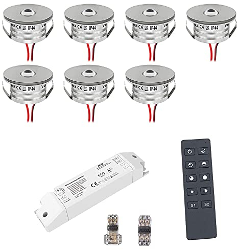 VBLED® 3W LED Mini Spot Einbaustrahler Einbauleuchten IP65 wassergeschützt - 700mA 190lm warmweiß (3000 K) (7-er Set mit Funk Netzteil) [Energieklasse A+]