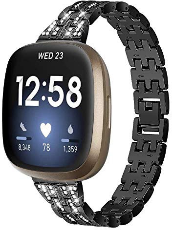 Jennyfly Metallbänder kompatibel mit Fitbit Versa 3/Fitbit Sense, Frauen Metall Armband Band Edelstahl Solid Strap Armband Armband für Versa 3/Versa Sense Smart Watch - Schwarz
