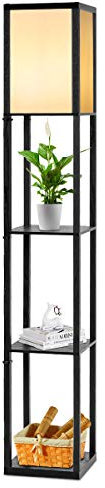 DREAMADE Lampadaire sur Pied en Bois avec E27(Sans Ampoule) Max 60W, Lampe sur Pied 160CM avec 3 Etagères et Abat-jour en Tissu, Idéal pour Salon et Chambre, 26X26X160CM (Noir1)