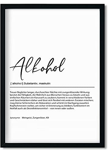 Urhome Kunstdruck Definition Alkohol mit Bilderrahmen Schwarz in DIN A3 - Worterklärung wie im Duden Lexikon Wandbild Wanddeko mit Spruch Holz Rahmen für Wohnung Familie Freunde Geschenk