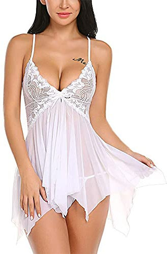 FeMereina Lady Sexy Pizzo Lingerie Set Pizzo Coppa Sling Nightwear Scollo a V Sheer Asimmetrico Babydoll con G-String, bianco, 3XL