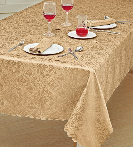 Prime Linens Home Decorative Classic Damask Printed Jacquard Tablecloth Rectangle Round Runner Napkin Table Cover Cloth Protector for Kitchen Picnic (Gold, Rectangle 52 x 90)