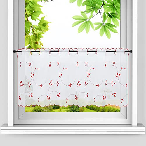 HeichkelL Voile Scheibengardine Blätter Stickerei Bistrogardine Landhausstil Kurzstores für Küche Bestickter Kurzvorhang Stangenlöcher Rot HxB 45x90 cm