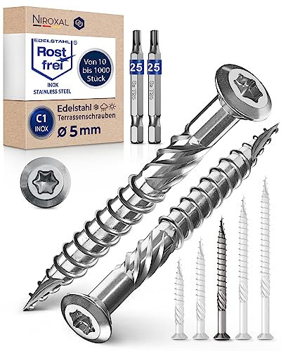 NietFullThings Terrassenschrauben 5 x 60 mm lang | 500 Stück | Edelstahl C1 | Torx 25 inkl. 2 Bits | Flacher Senkkopf | Teilgewinde