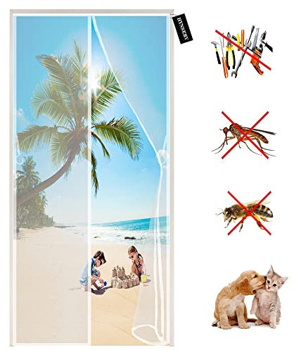 Zanzariera Magnetica 155 x 215 cm Anti Zanzare Magnetico Chiusura Automatica con Calamita telaio completo nastro magico Porte Scorrevoli Garage Finestra - Bianco A