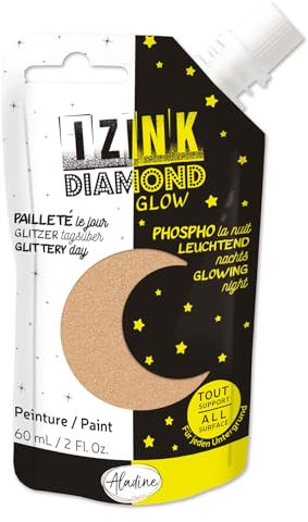 Aladine - Izink Diamond Glow - Peinture Pailletée le Jour, Phosphorescente la Nuit - Ultra Couvrante, Tout Support - DIY et Loisirs Créatifs - Gourde Souple 60 ml - Or 82093