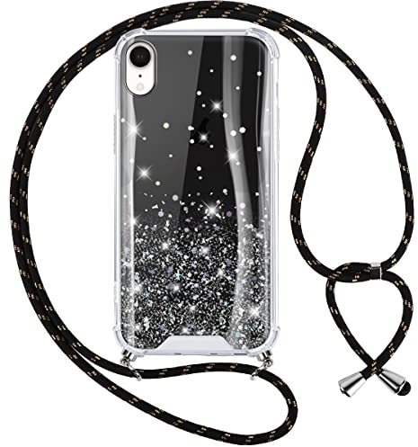 Vauki Handykette Hülle für iPhone XR, Glitzer Handyhülle mit Band Silikon Glühen Stoßfest PC Case mit Necklace Schutzhülle mit Premium Kordel Lanyard Abnehmbar zum Umhängen für iPhone XR, Schwarz