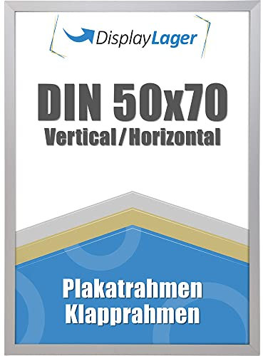 DisplayLager - Flat Profile Klapprahmen, Dünne 20mm Aluminium Profil, Entspiegelter Schutzscheibe, Befestigungsmaterial (Silber, 50 x 70 cm)