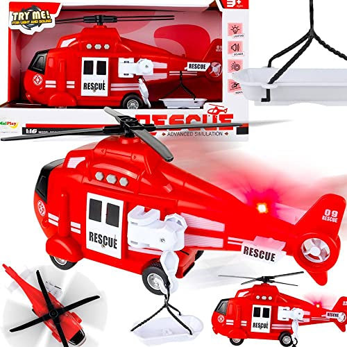 MalPlay Feuerwehr-Hubschrauber Modell Spielzeug Maßstab 1:16 Interaktives Rettungshelikopter der Feuerwehr mit Licht&Ton für Kinder ab 3 Jahren