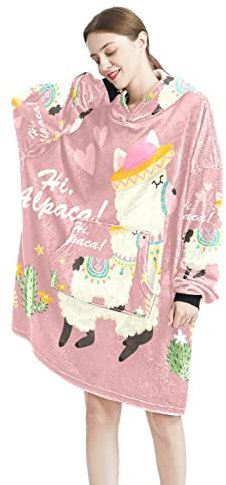 Hi Alpaca Kapuzenpullover, tragbar, Alpaka und Kaktus-01, übergroße Kapuze, für Damen, bequemes Sweatshirt, mehrfarbig, One size