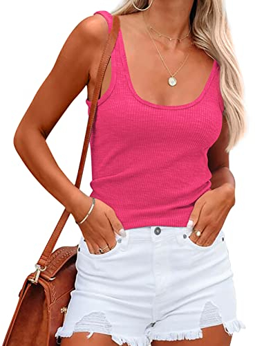 NONSAR Camisas sin mangas de verano para mujer, camiseta de tirantes elástica, corte ajustado, camisetas interiores para mujer, rojo rosado, L