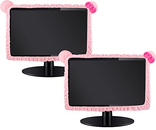 Hoteam 2 Pcs 17''-24'' Kawaii Computer Monitor Cover with Cat Ear Furry Cute Pink Monitor Dust Cover Protector Lovely Computer Desk Accessories Laptop TV LCD Screen Decoration for Tablet