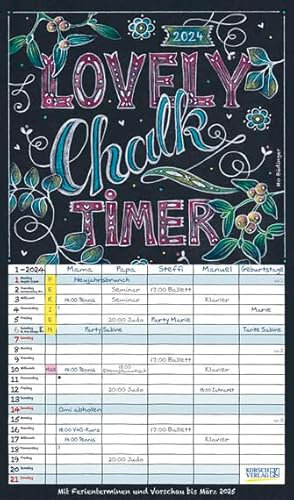 Familienplaner Lovely Chalk Timer - Familienplaner 2024 für 4 Personen - Korsch-Verlag - Kalender mit 5 Spalten zum Eintragen - 27 cm x 46 cm