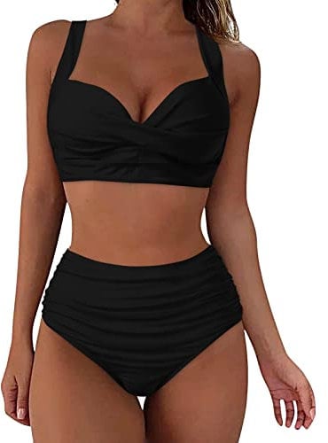 Vintage Beachwear Women's High Waisted Bikini Set - Push Up Modest Swimwear - UK Black