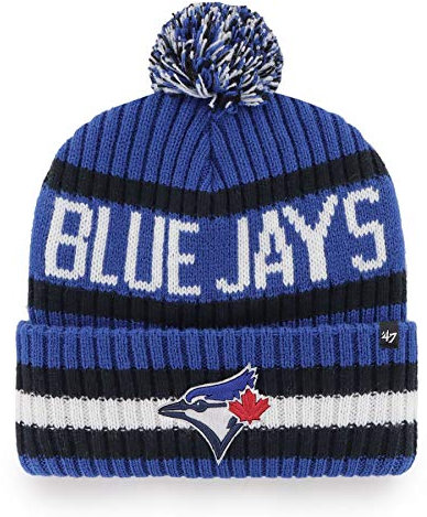 47 MLB Mütze für Erwachsene, offizielles Lizenzprodukt, Bering, Sport, Strickmütze mit Bommel, für kaltes Wetter, Toronto Blue Jays - Blau, Einheitsgr��e