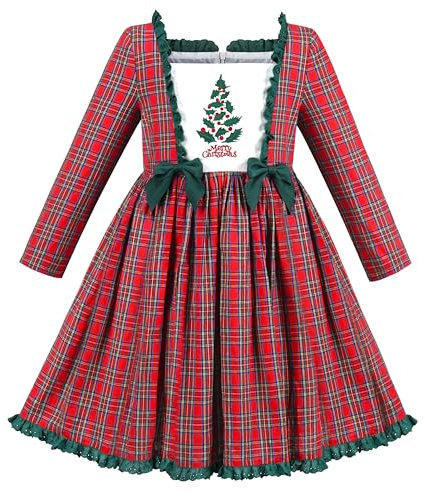 Sunny Fashion Vestito Bambina Rosso Albero di Natale Plaid Checks Annata Cravatta a Farfalla Collo Quadrato 7 Anni