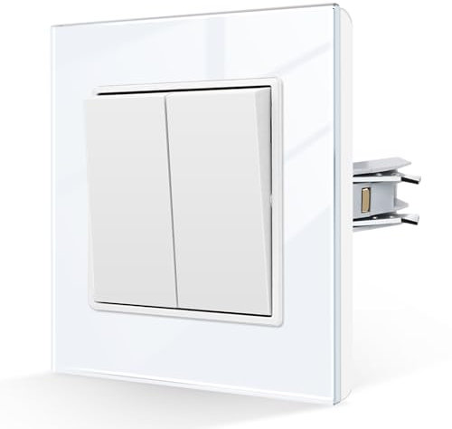 CNBINGO Lichtschalter Unterputz,Modern Lichtschalter Schwarz Glas Wechselschalter mit Steckklemme,2 Fach 1 Weg,Weiß