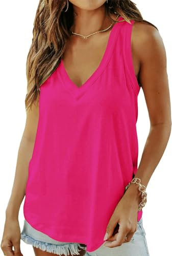 ELFIN Damen V-Ausschnitt Tank Top Ärmellos Sommer Basic T-Shirts Casual Oberteile Tunika Tops (M, Roserosa)