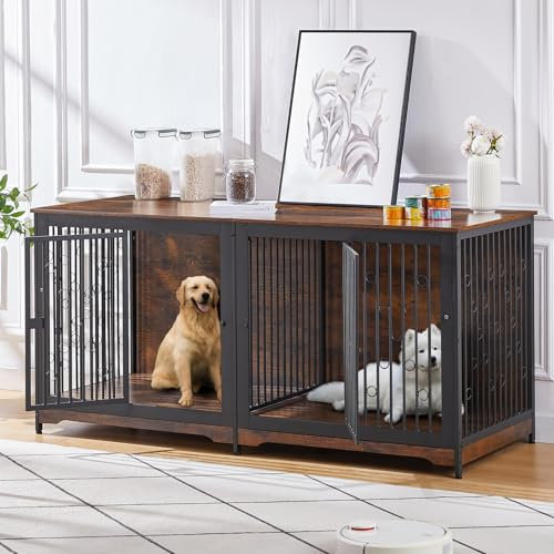 Lyromix 70.86'' Dog Crate Furniture Large Breed TV Stand with Cushion & Double Rooms,Wooden Dog Kennel Dog Crate End Table with Removable Divider for Large Medium Dogs, Brown