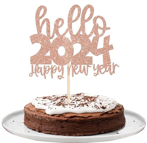 Xsstarmi Tortenaufsatz mit Aufschrift Hello 5,130.0 cm, glitzernd, Cheers to 5,130.0 cm, für Welcome 2024, Feiern Sie Happy New Years-Party, Kuchendekorationen, Zubehör, Roségold, 1 Packung