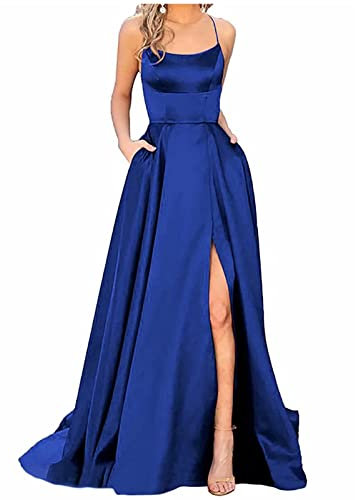 Robe Cocktail D'été Femme - Longue Dos Nu Bretelles Pour Cérémonie, Demoiselle D'Honneur, Soirée - Grande Taille Avec Fente Latérale De Mariage (Dark Blue, M)