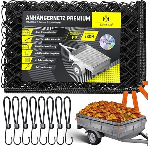 KESSER® Anhängernetz 2x3m feinmaschig | Hängernetz mit Spannseil & Netzkordel | Containernetz für Ladungssicherung | Sicherungs-Netz Eckmarkierungen Expander-Haken & Befestigungsknöpfen Schwarz