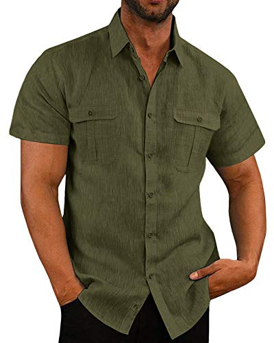 Linen Shirt Men's Short Sleeve Summer Shirt Men's Casual Shirt Business Shirt Beach Shirt with Pockets