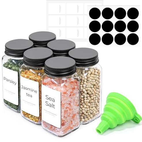 ComSaf 6Pcs 4oz/120ml Glass Spice Jars with Shaker Lids, 21 Labels, Spice Jars Trial Set & Supplement Set, Empty Spice Containers and Square Spice Bottles for Kitchen and Seasoning