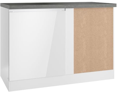 Lomadox Eckunterschrank Eckschrank 120 cm, Hochglanz weiß, Arbeitsplatte Betonoptik | 1 Tür, auch spiegelverkehrt montierbar