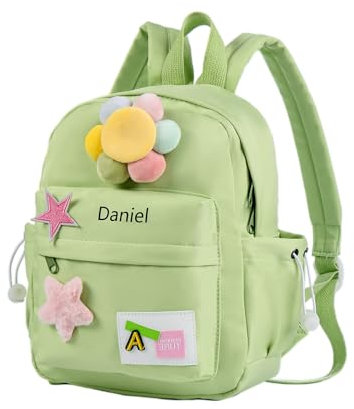 ALBERTBAND Personalisierte Kinderrucksäcke mit Namen Rucksack für Kinder Kindergarten Unterwegs Geschenk für Sohn Tochter Freund Blume Regenbogen Bär Rucksack (Gerbera-Grün)