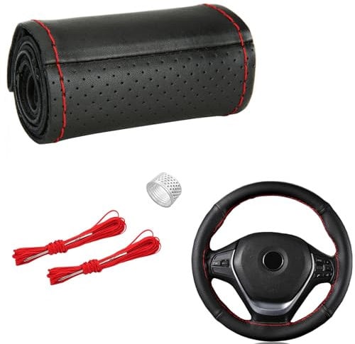 Handgenähter Lenkradbezug,Echtleder-Lenkradbezug, Universal-Näh-Auto-Lenkradbezug, DIY-Auto-Lenkradbezug aus Rindsleder, passend für 37-39-Lenkräder (Schwarz rote Linie)