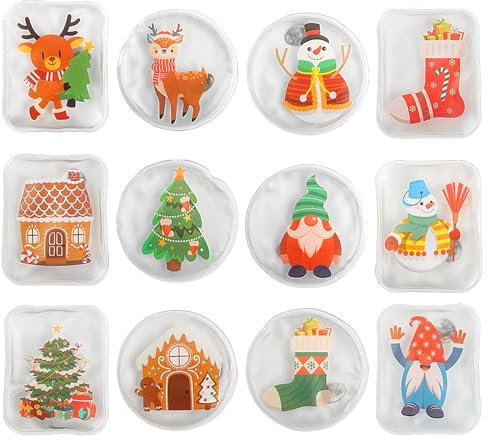 Anstore 12pcs Hand Warmers,Reusable Christmas Pocket Warmers,12 Christmas Style Patterns Reusable Gel Click Heat Pads,Reusable Hand Click Gel Warmers Square Round Heat Kink Cushion for Cold Days